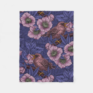 Wren and hellebore, violet and pink fleece blanket