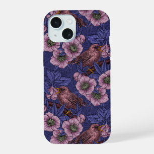 Wren and hellebore, violet and pink iPhone 15 case