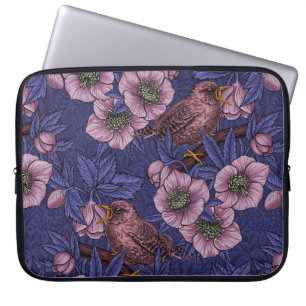 Wren and hellebore, violet and pink laptop sleeve