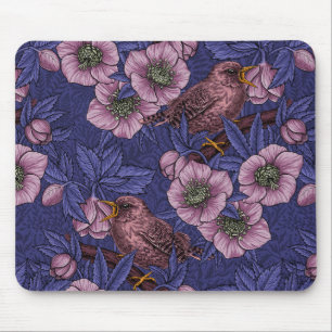 Wren and hellebore, violet and pink mouse pad