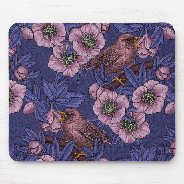 Wren and hellebore, violet and pink mouse pad (Front)