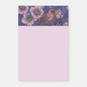 Wren and hellebore, violet and pink post-it notes
