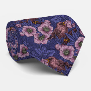 Wren and hellebore, violet and pink tie