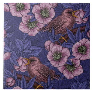 Wren and hellebore, violet and pink tile