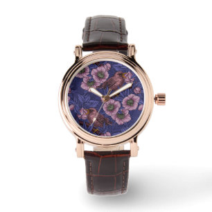 Wren and hellebore, violet and pink watch