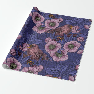 Wren and hellebore, violet and pink wrapping paper