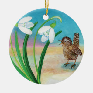 Wren Bird and Snowdrops  Ceramic Tree Decoration