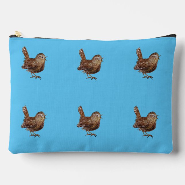 Wren Bird Singing Sky Blue Accessory Pouch (Front)