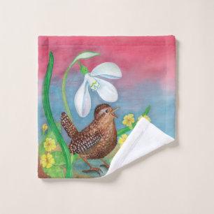 Wren Bird & Snowdrop & Spring Wash Cloth