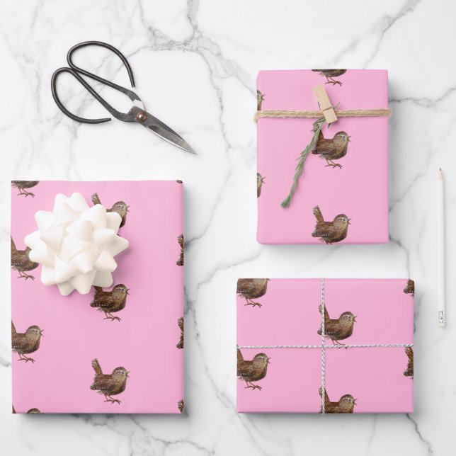 Wren Bird (Troglodytes Troglodytes) Light Pink Wrapping Paper Sheet (Front)