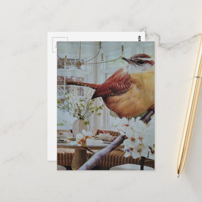 Wren in the Dining Room Surreal Collage Postcard (Front/Back In Situ)