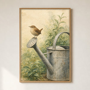 Wren on a Watering Can Watercolour Poster