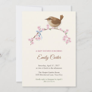 Wren on Blossom Branch Baby Shower Invitation