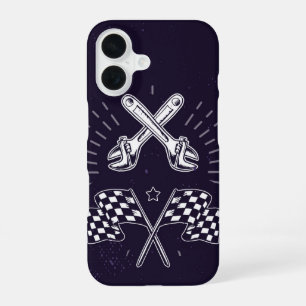 Wrench & Chequered Flag Retro Moto Mechanic iPhone 16 Case