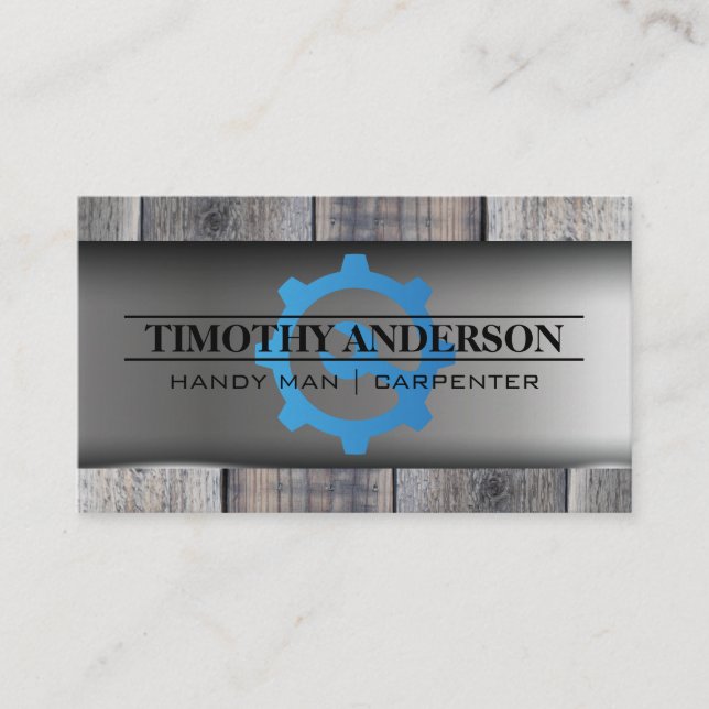 Wrench Gear Logo | Metal Wood Background Business Card (Front)
