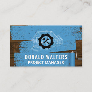 Wrench Hammer Painted Wooden Boards Blueprints Business Card