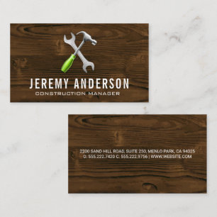 Wrench Hammer Tools Wood Background Business Card