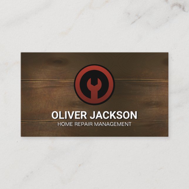 Wrench Icon | Wooden Background Business Card (Front)