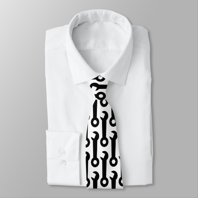Wrench tool pattern black and white neck tie (Tied)