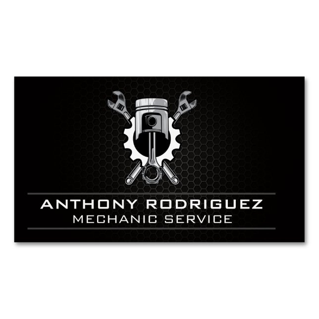 Wrenches Gear and Piston | Auto Mechanic Magnetic Business Card (Front)