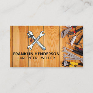 Wrenches   Tools on Wood Table Business Card