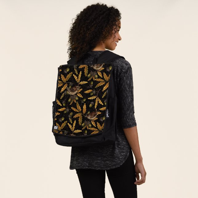 Wrens and acorns on black backpack (Worn)