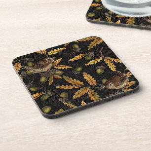 Wrens and acorns on black coaster