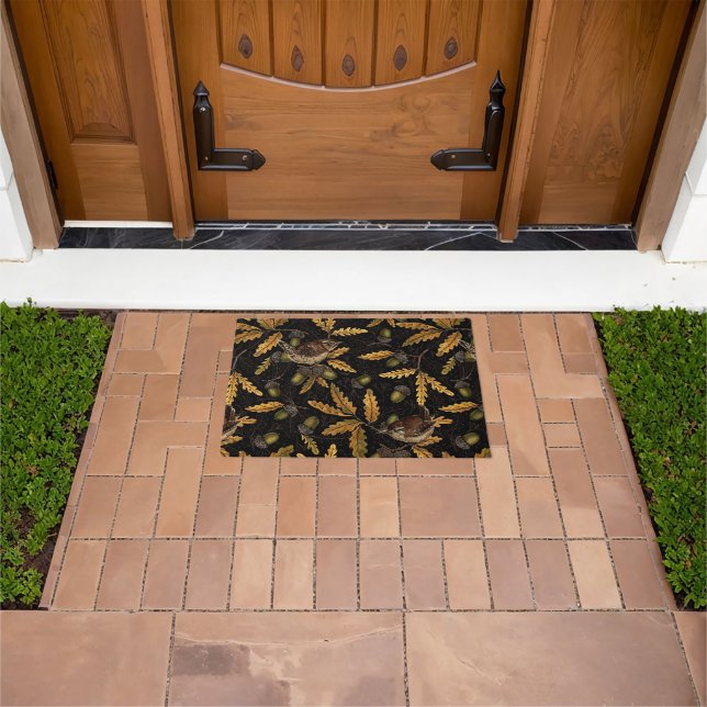 Wrens and acorns on black doormat (Outdoor)