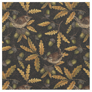 Wrens and acorns on black fabric