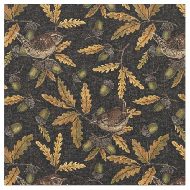 Wrens and acorns on black fabric (Close Up)