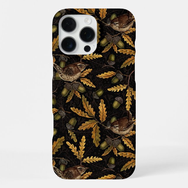 Wrens and acorns on black iPhone case (Back)