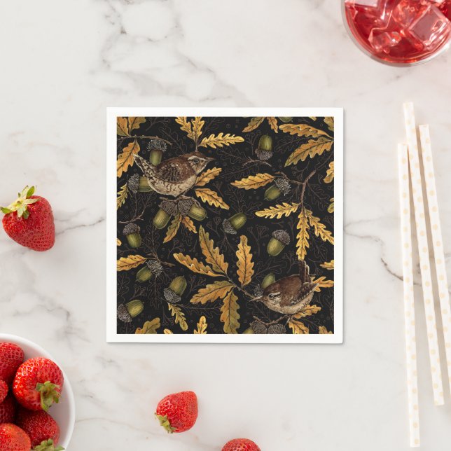 Wrens and acorns on black napkin (Insitu)
