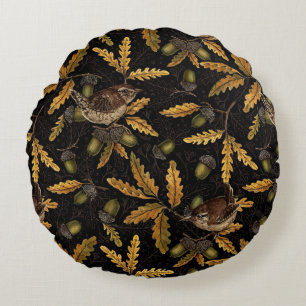 Wrens and acorns on black round cushion