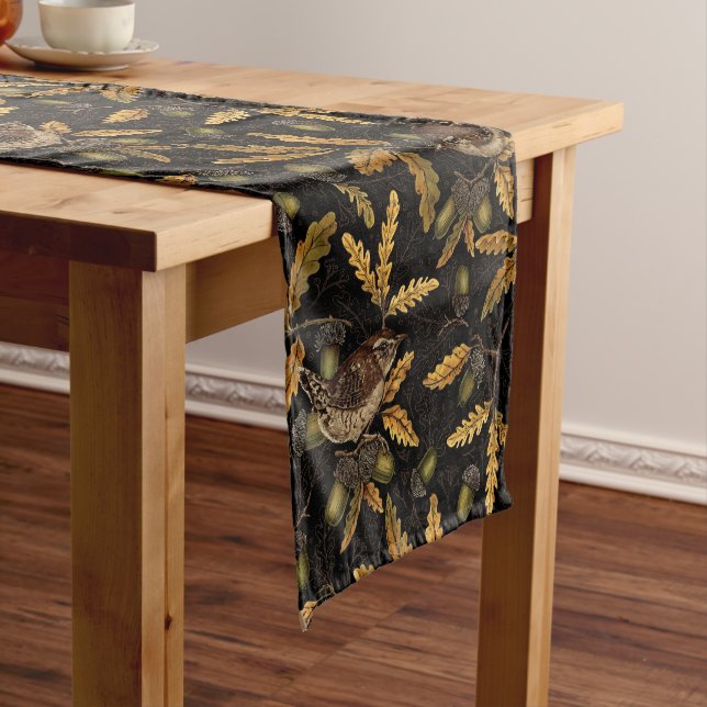 Wrens and acorns on black short table runner (In Situ)
