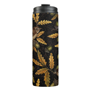 Wrens and acorns on black thermal tumbler
