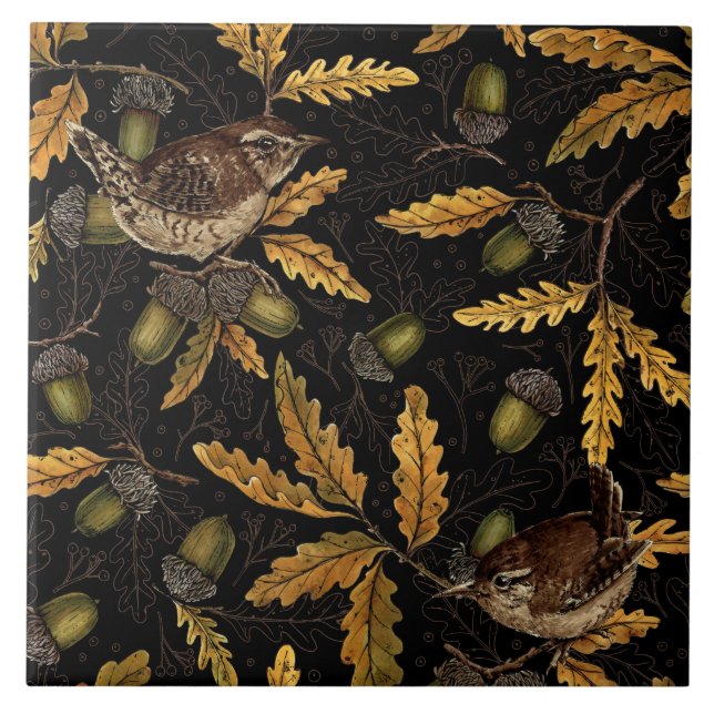 Wrens and acorns on black tile (Front)