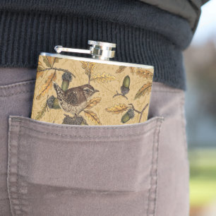 Wrens and acorns on honey hip flask