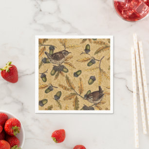 Wrens and acorns on honey napkin