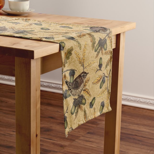 Wrens and acorns on honey short table runner (In Situ)