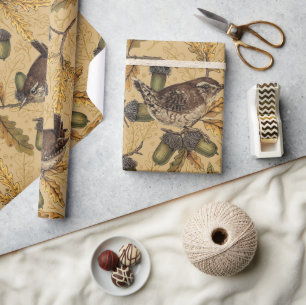 Wrens and acorns on honey wrapping paper