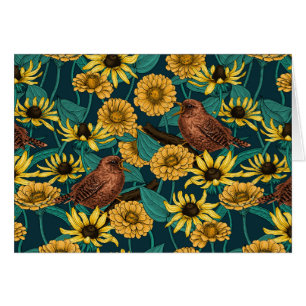 Wrens and flowers on dark blue