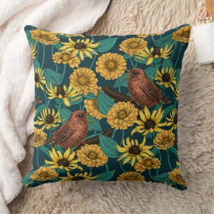 Wrens and flowers on dark blue cushion