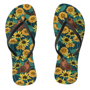 Wrens and flowers on dark blue jandals