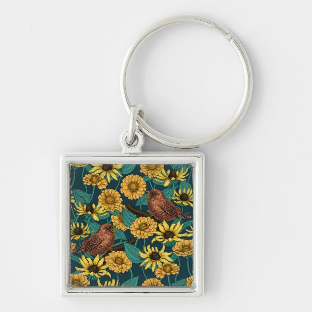 Wrens and flowers on dark blue key ring (Front)