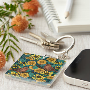 Wrens and flowers on dark blue key ring