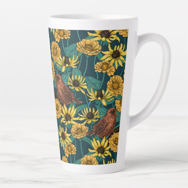 Wrens and flowers on dark blue latte mug (Right)