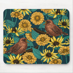 Wrens and flowers on dark blue mouse pad