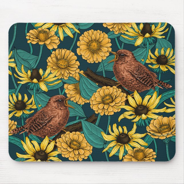 Wrens and flowers on dark blue mouse pad (Front)