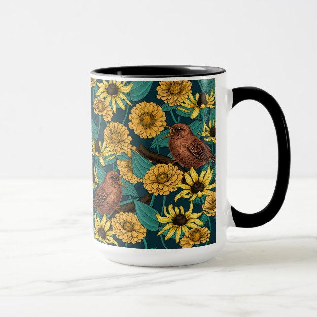 Wrens and flowers on dark blue mug (Right)
