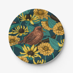 Wrens and flowers on dark blue paper plate